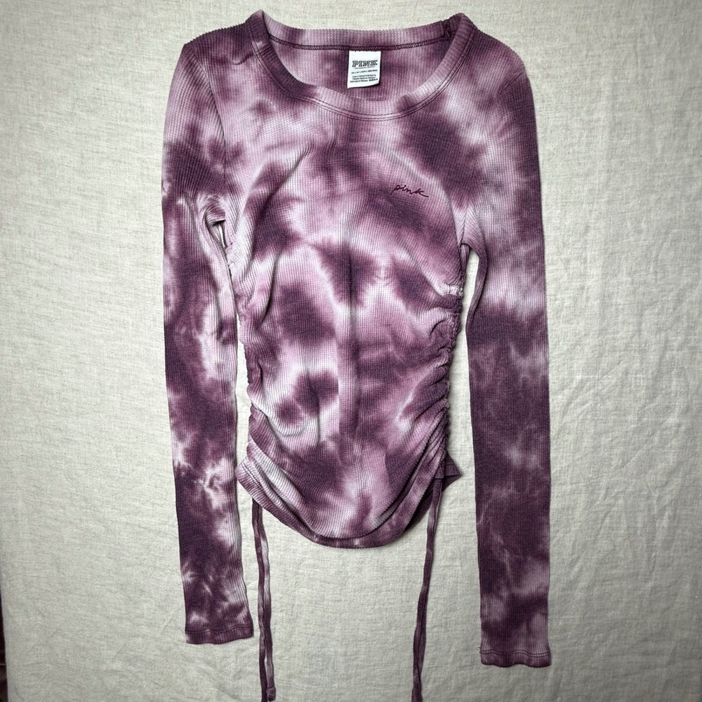 PINK Tie Dye Ruched Thermal Top Women M Purple Excellent Long Sleeve‎ Ribbed